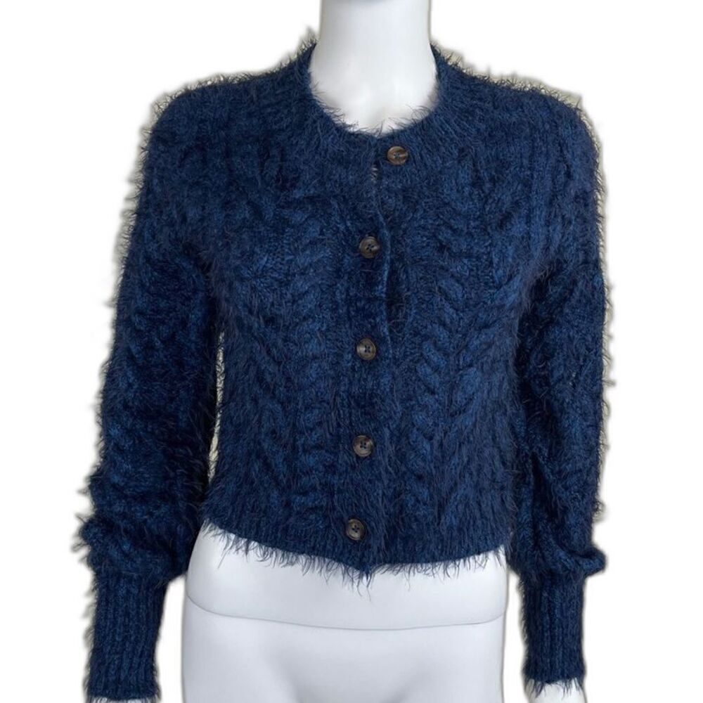 Free People Women Size S Greta Blue Eyelash Chunky Boxy Cropped Cardigan Sweater